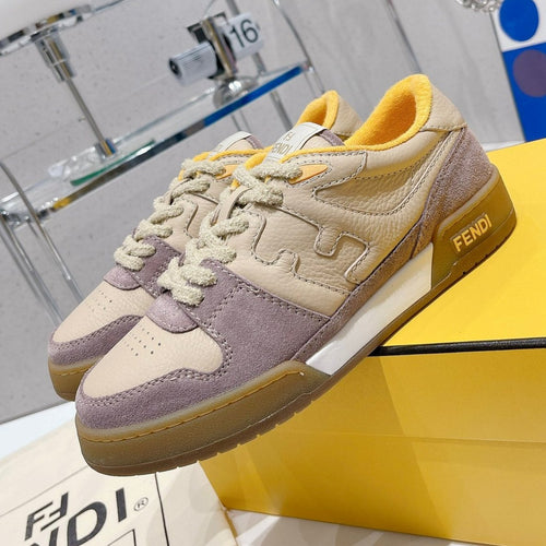FENDI FENDI CASUAL SNEAKER IN TAN BEIGE CALFSKIN AND HEATHER PURPLE SUEDE