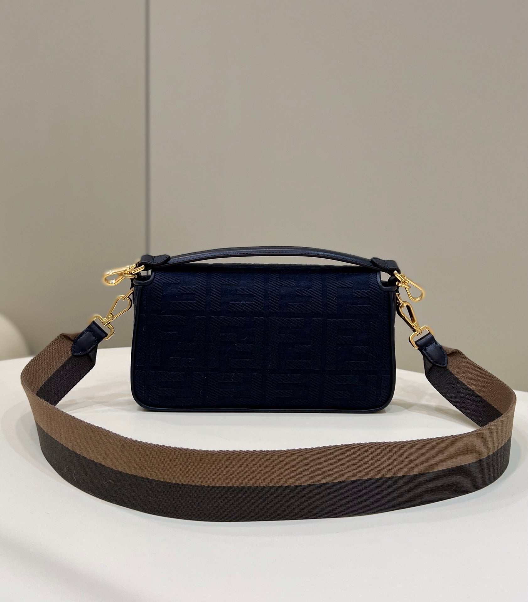 FENDI BAGUETTE WITH FF MOTIF 27 IN NAVY BLUE JACQUARD FABRIC GOLD HARDWARE