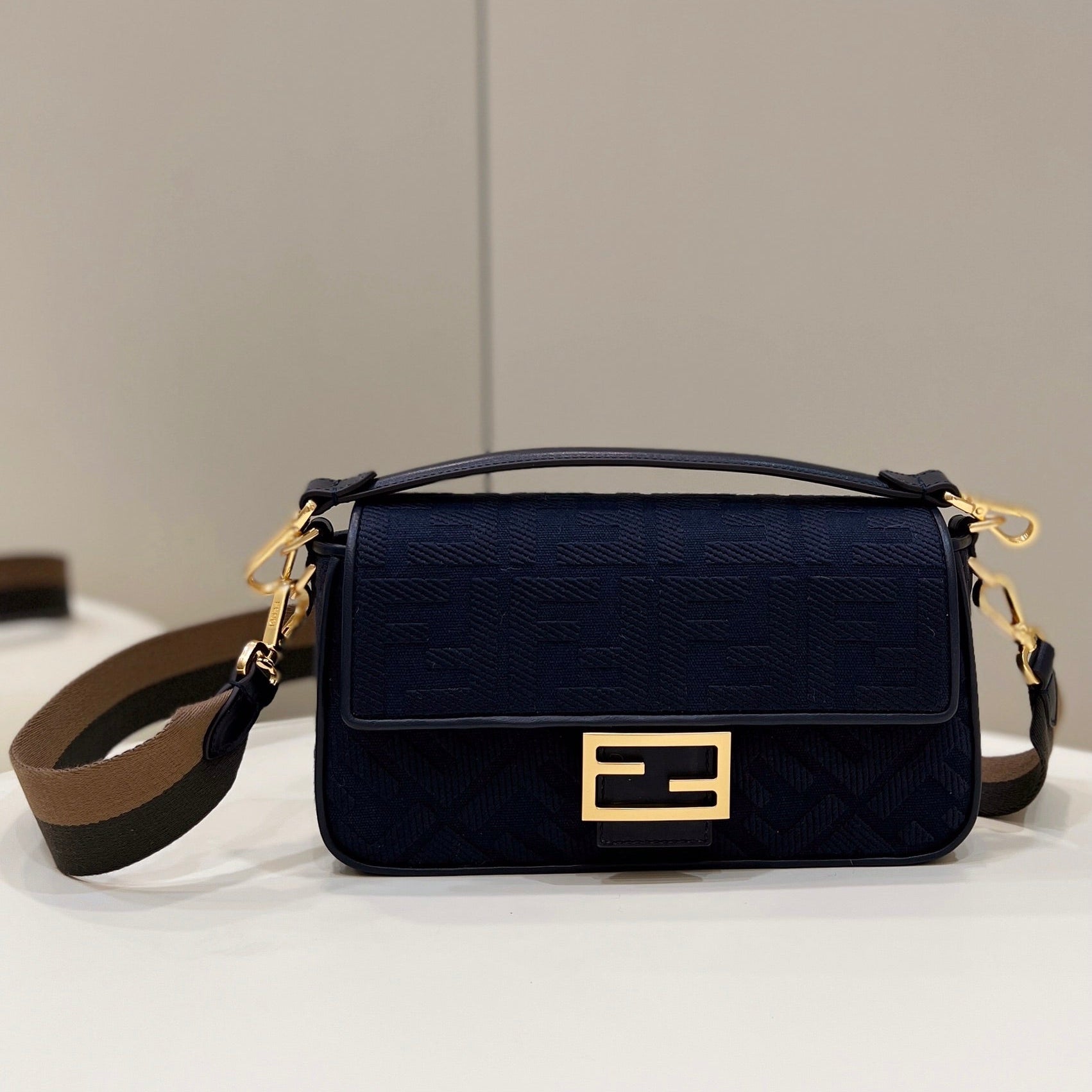 FENDI BAGUETTE WITH FF MOTIF 27 IN NAVY BLUE JACQUARD FABRIC GOLD HARDWARE