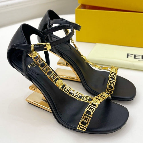 FENDI FENDI HIGH-HEELED 85 MM SANDALS IN BLACK LAMBSKIN WITH GOLD HARDWARE