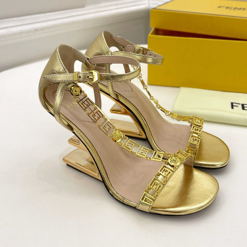 FENDI FENDI HIGH-HEELED 85 MM SANDALS IN GOLDEN LAMBSKIN WITH GOLD HARDWARE