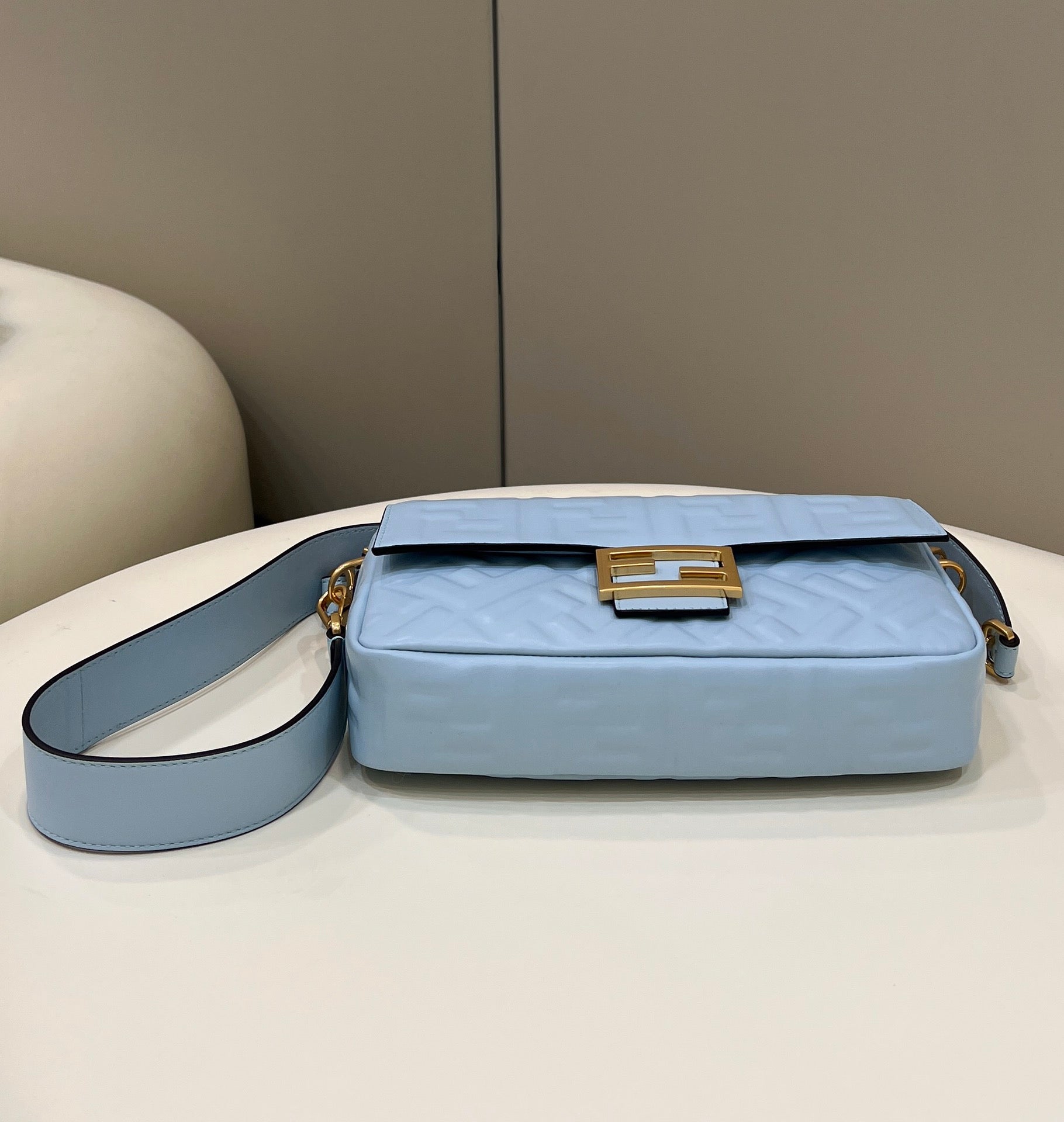 FENDI Baguette 27cm Cloud Blue Lambskin Gold Hardware