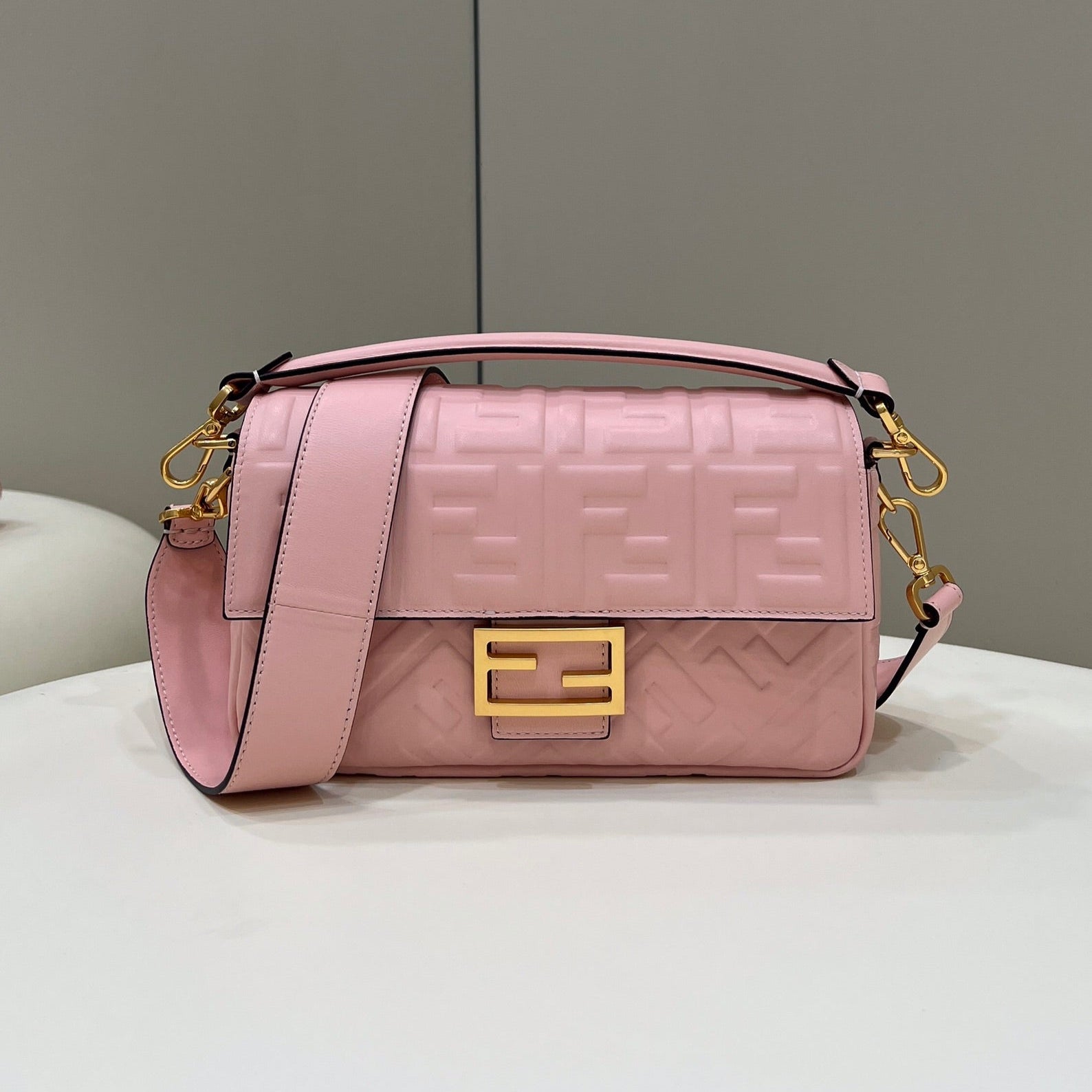 FENDI BAGUETTE WITH FF MOTIF 27 IN LIGHT PINK SOFT LAMBSKIN GOLD HARDWARE
