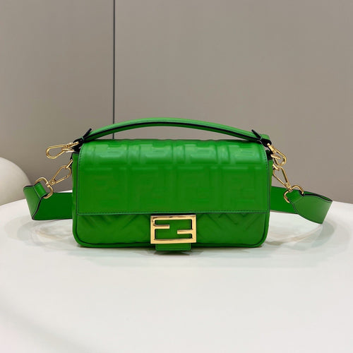 FENDI BAGUETTE WITH FF MOTIF 27 IN EMERALD GREEN SOFT LAMBSKIN GOLD HARDWARE