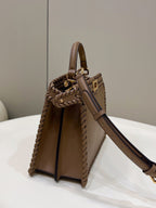 FENDI PEEKABOO ISEEU 27 IN BROWN SMOOTH CALFSKIN WITH WOVEN TRIM GOLD HARDWARE