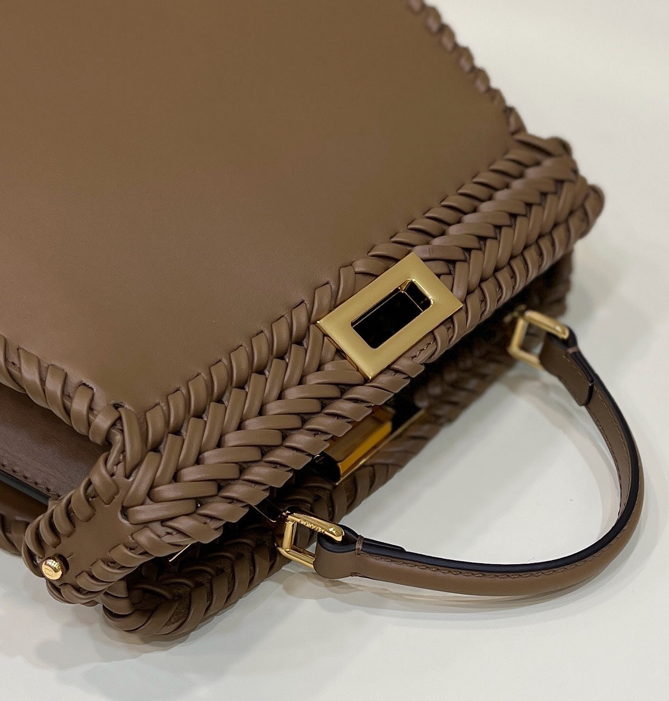FENDI PEEKABOO ISEEU 27 IN BROWN SMOOTH CALFSKIN WITH WOVEN TRIM GOLD HARDWARE