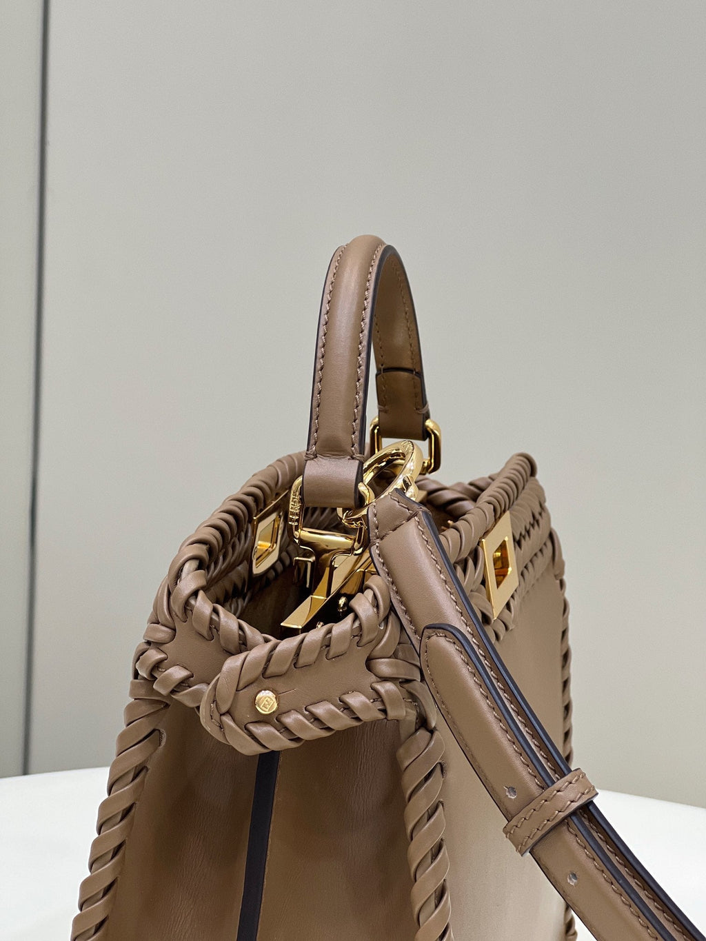 FENDI PEEKABOO ISEEU 27 IN BROWN SMOOTH CALFSKIN WITH WOVEN TRIM GOLD HARDWARE