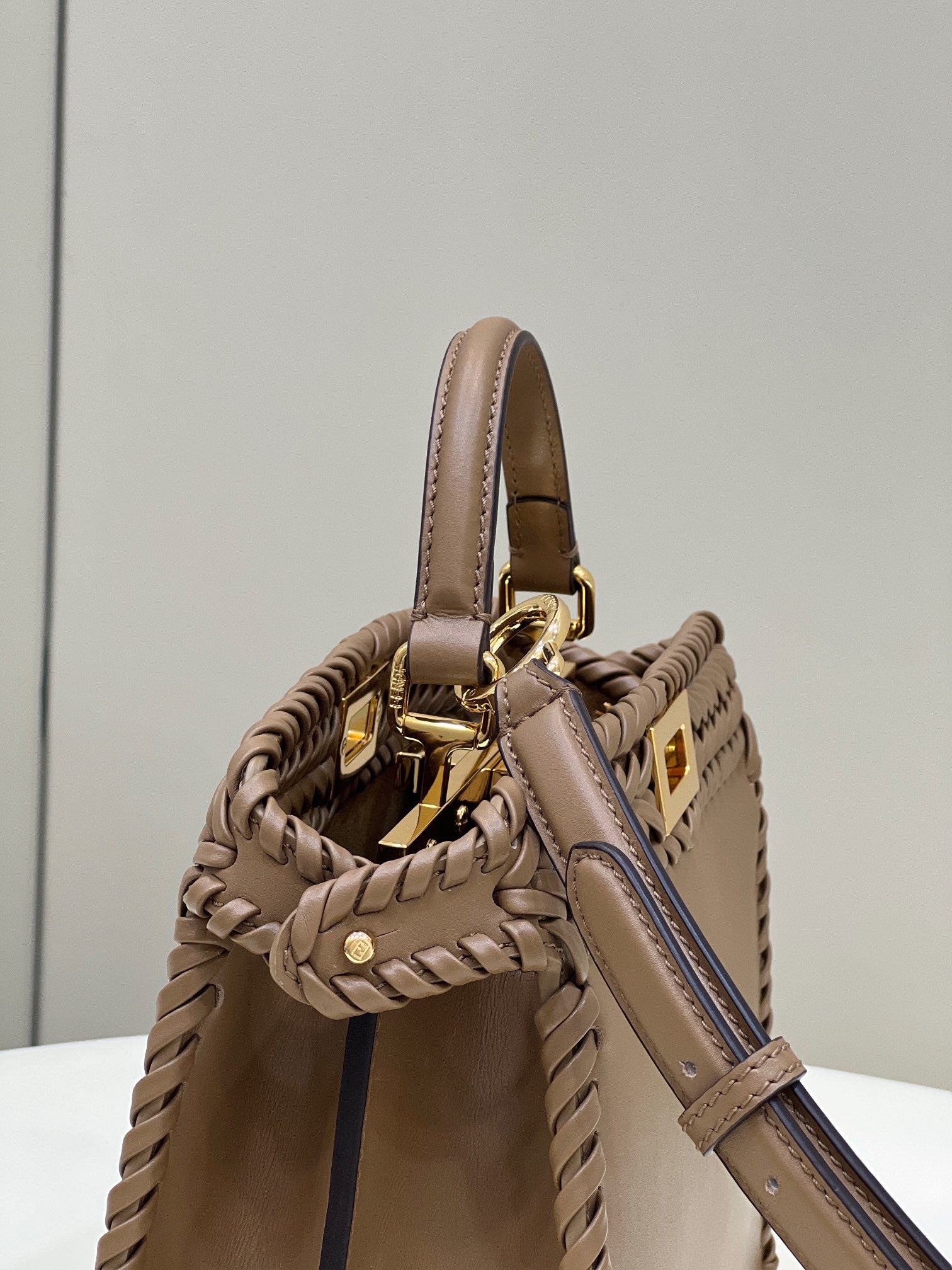 FENDI PEEKABOO ISEEU 27 IN BROWN SMOOTH CALFSKIN WITH WOVEN TRIM GOLD HARDWARE