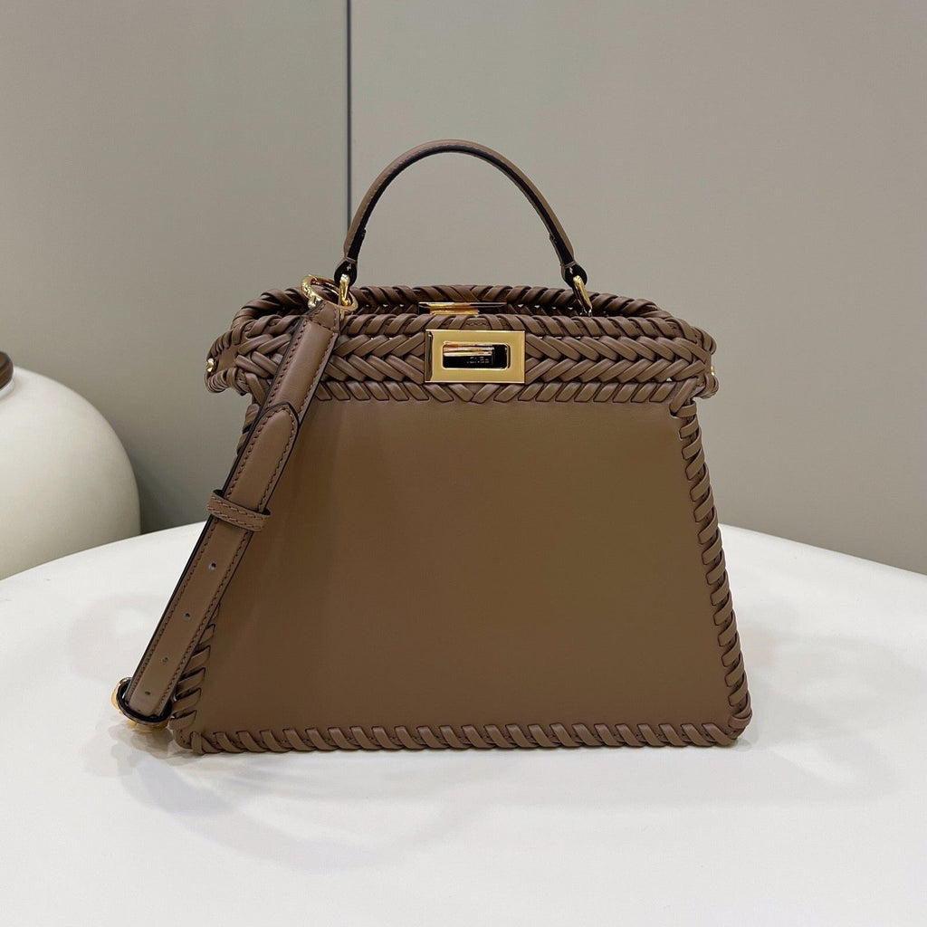 FENDI PEEKABOO ISEEU 27 IN BROWN SMOOTH CALFSKIN WITH WOVEN TRIM GOLD HARDWARE