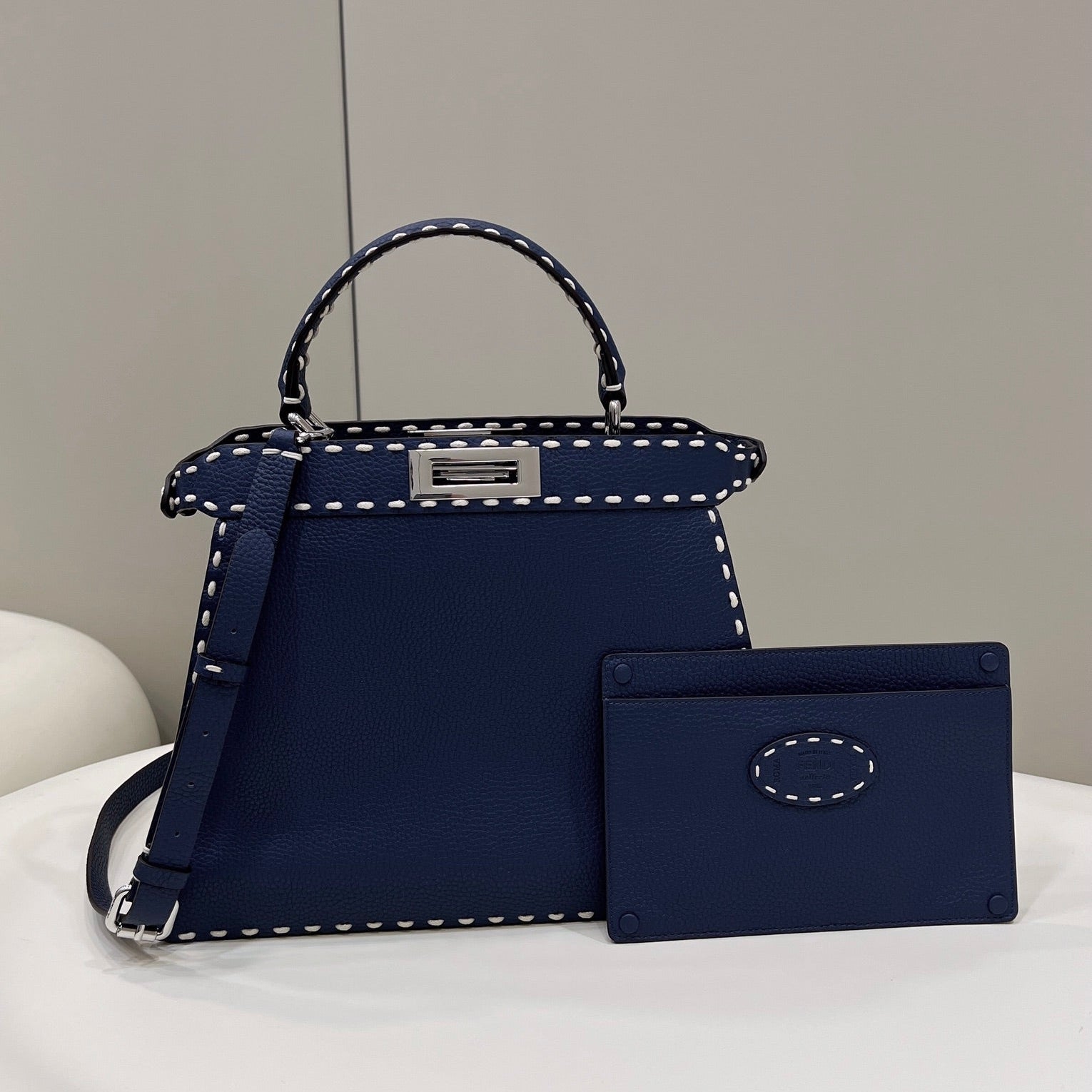FENDI PEEKABOO ISEEU 33 IN NAVY BLUE GRAINED CALFSKIN SILVER HARDWARE