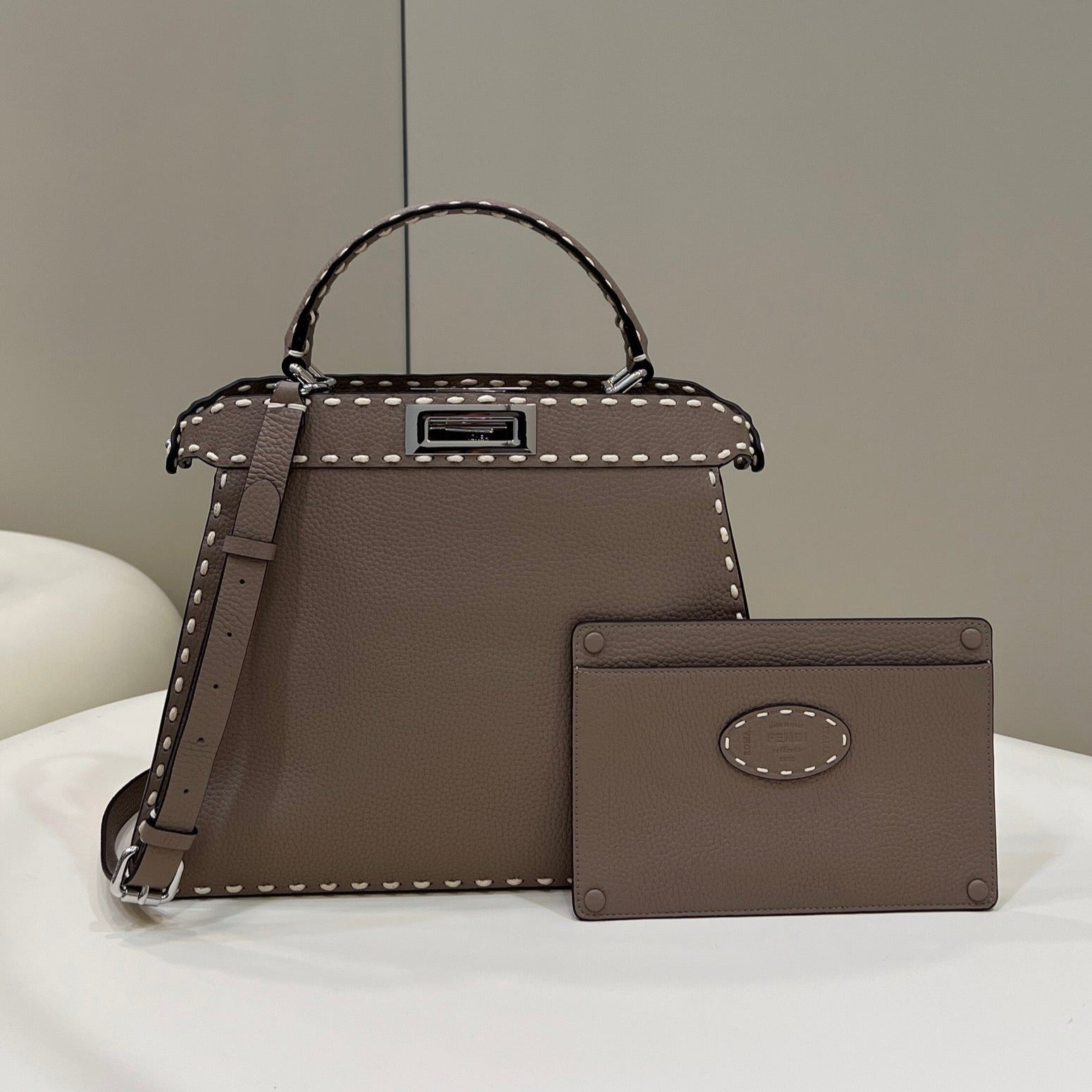 FENDI PEEKABOO ISEEU 33 IN TOBACCO BROWN GRAINED CALFSKIN SILVER HARDWARE