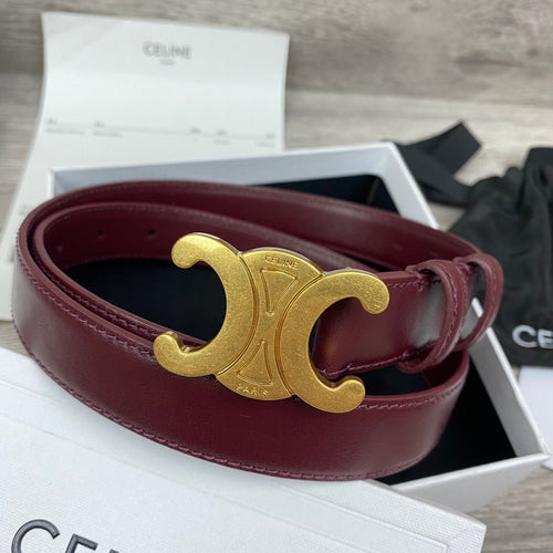 Celine CL MEDIUM 25 MM TRIOMPHE BELT IN WINE RED LEATHER GOLD HARDWARE