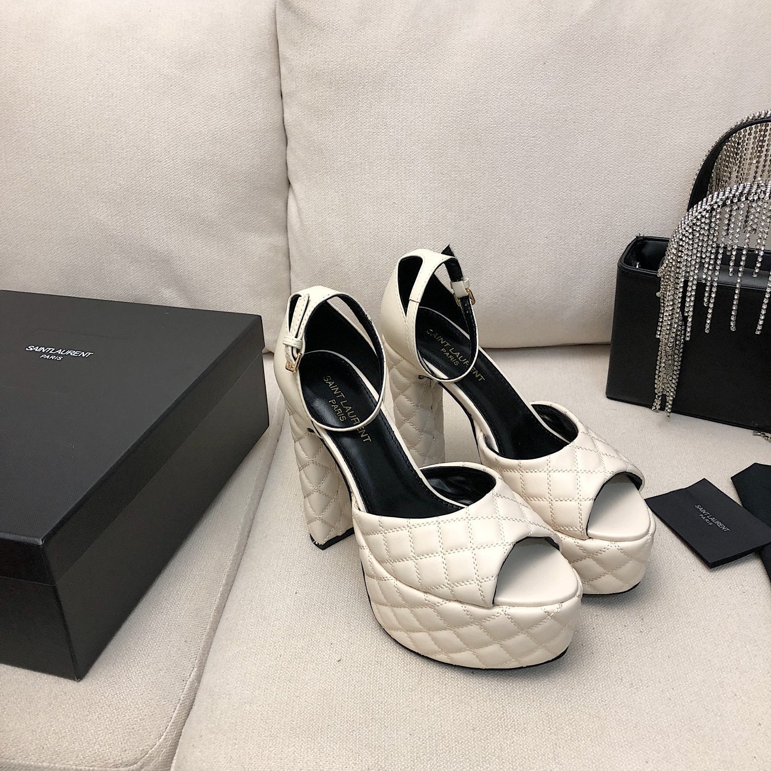 Saint Laurent SL JODIE 135 PLATFORM SANDALS WHITE EMBOSSED CALFSKIN