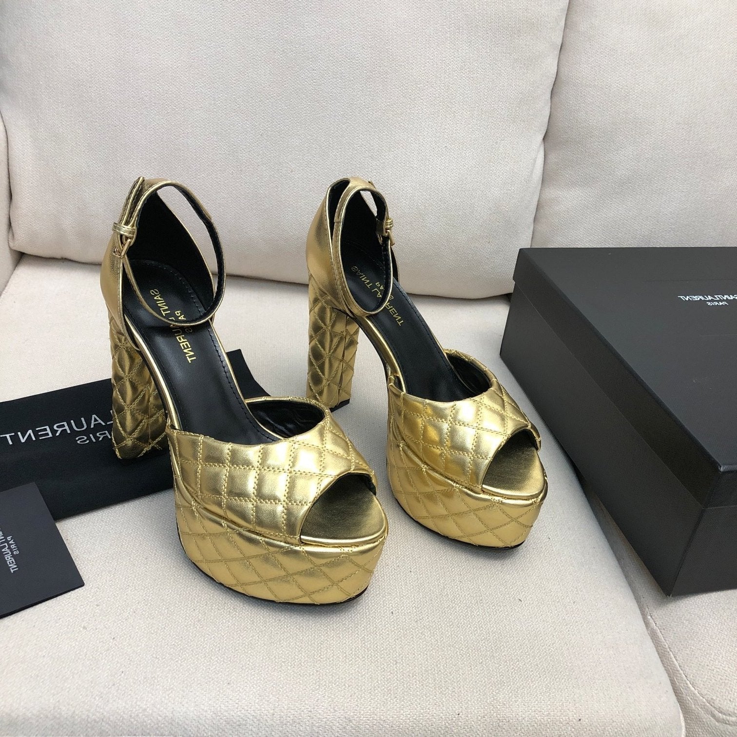 Saint Laurent SL JODIE 135 PLATFORM SANDALS GOLD EMBOSSED CALFSKIN