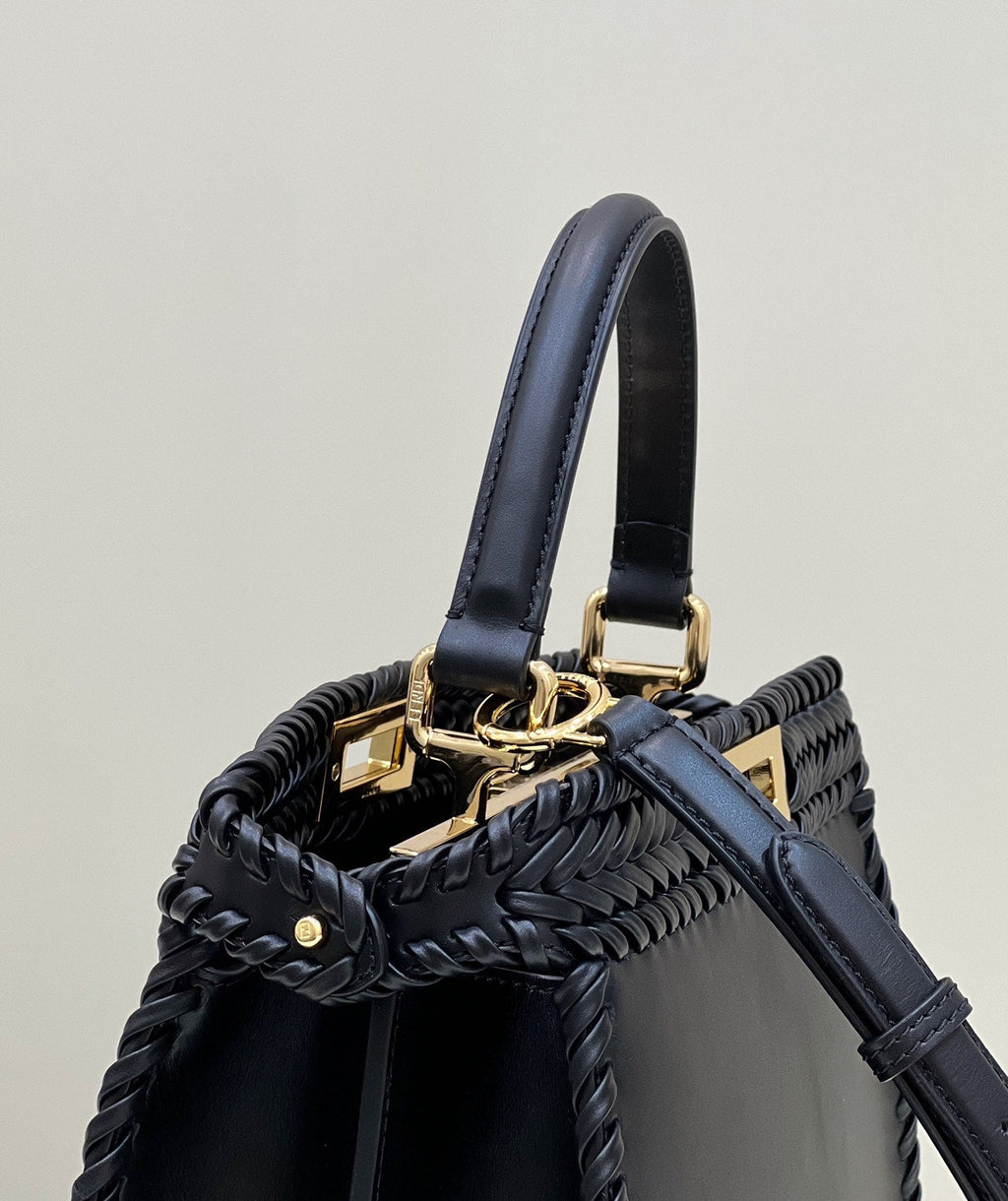 FENDI PEEKABOO ISEEU 27 IN BLACK SMOOTH CALFSKIN WITH WOVEN TRIM GOLD HARDWARE