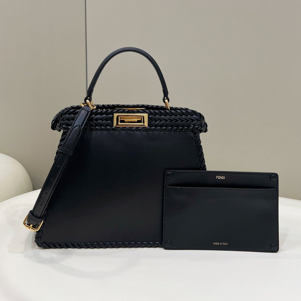 FENDI PEEKABOO ISEEU 27 IN BLACK SMOOTH CALFSKIN WITH WOVEN TRIM GOLD HARDWARE