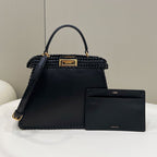 FENDI PEEKABOO ISEEU 27 IN BLACK SMOOTH CALFSKIN WITH WOVEN TRIM GOLD HARDWARE