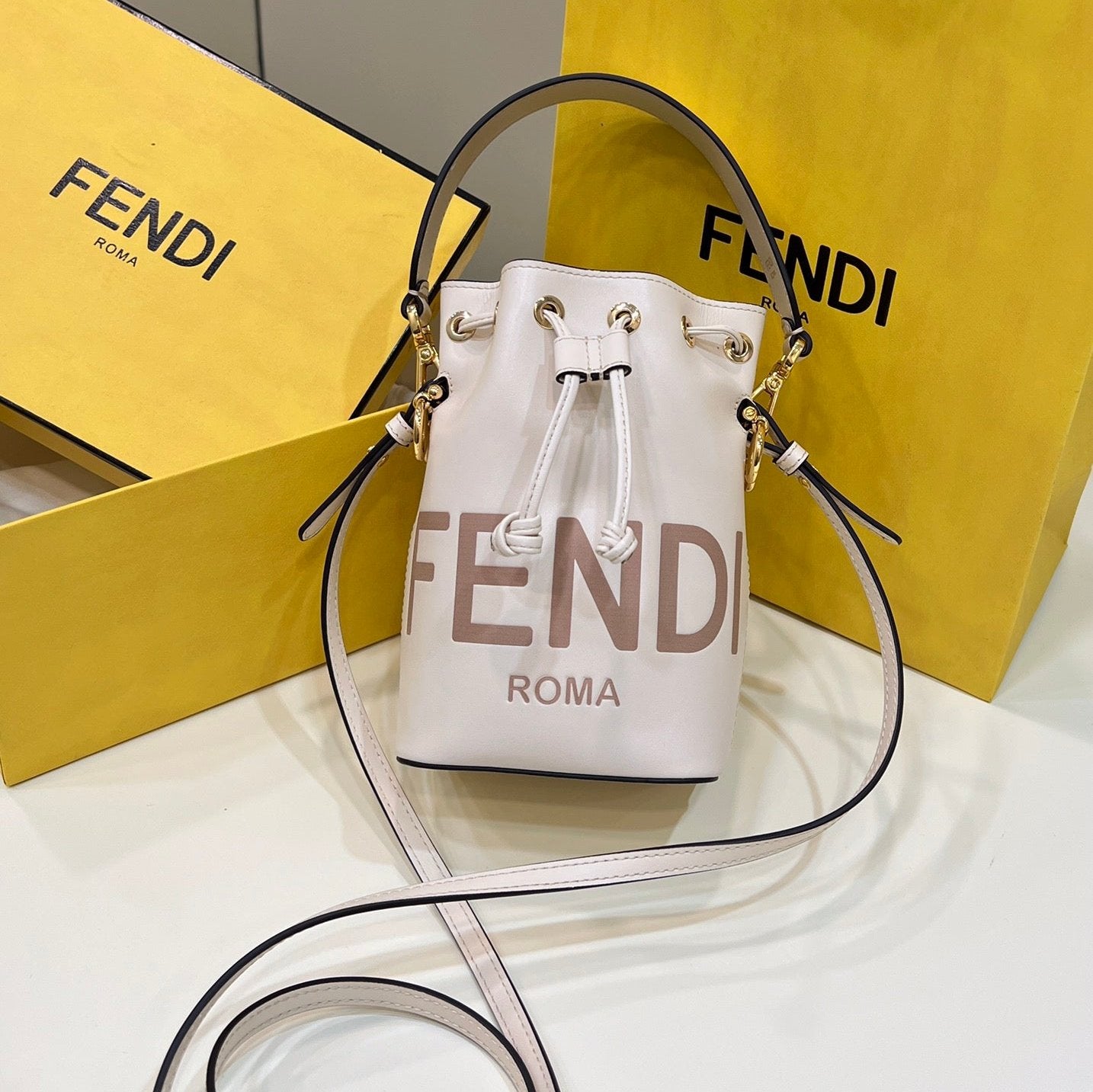 FENDI MON TRESOR MINI 18 BAG IN WHITE CALFSKIN FF WITH GOLD HARDWARE