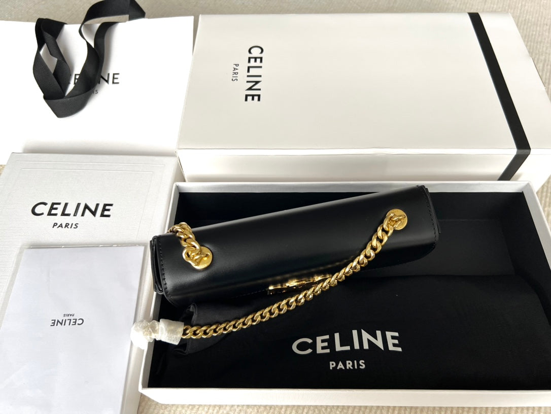 Celine TRIPHOME 20 BLACK COWHIDE LEATHER CHAIN STRAP BAG