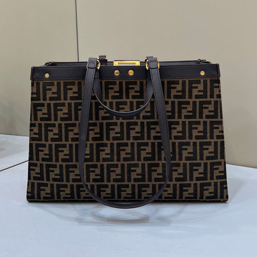 FENDI FENDI TOTE 41 BAG IN BROWN MIX BLACK MONOGRAM CANVAS GOLD HARDWARE