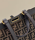 FENDI FENDI TOTE 41 BAG IN BROWN MIX BLACK MONOGRAM CANVAS GOLD HARDWARE