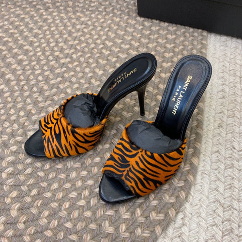Saint Laurent LA 16 HEELED MULES IN TIGER PATTERN RABBIT FUR