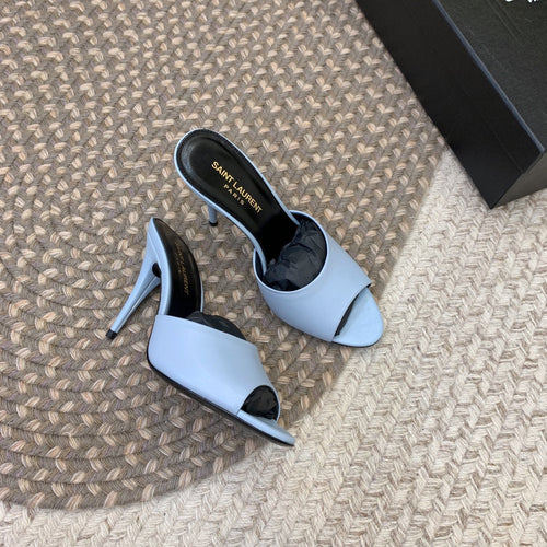 Saint Laurent LA 16 HEELED MULES IN SKY BLUE SMOOTH LAMBSKIN