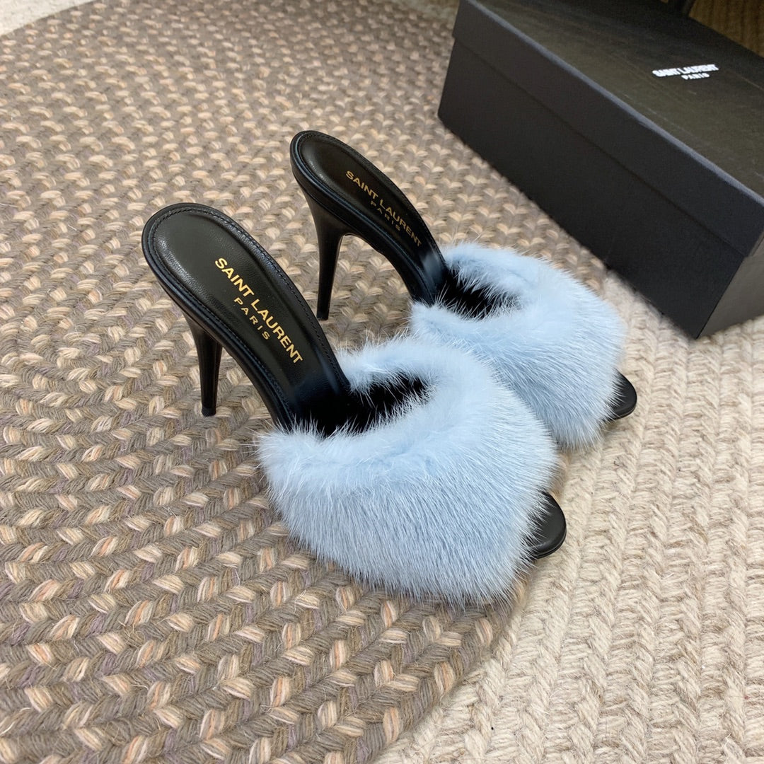 Saint Laurent LA 16 HEELED MULES IN SKY BLUE RABBIT FUR AND SMOOTH LAMBSKIN