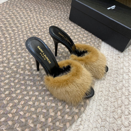 Saint Laurent LA 16 HEELED MULES IN DRIED MOSS RABBIT FUR AND SMOOTH LAMBSKIN
