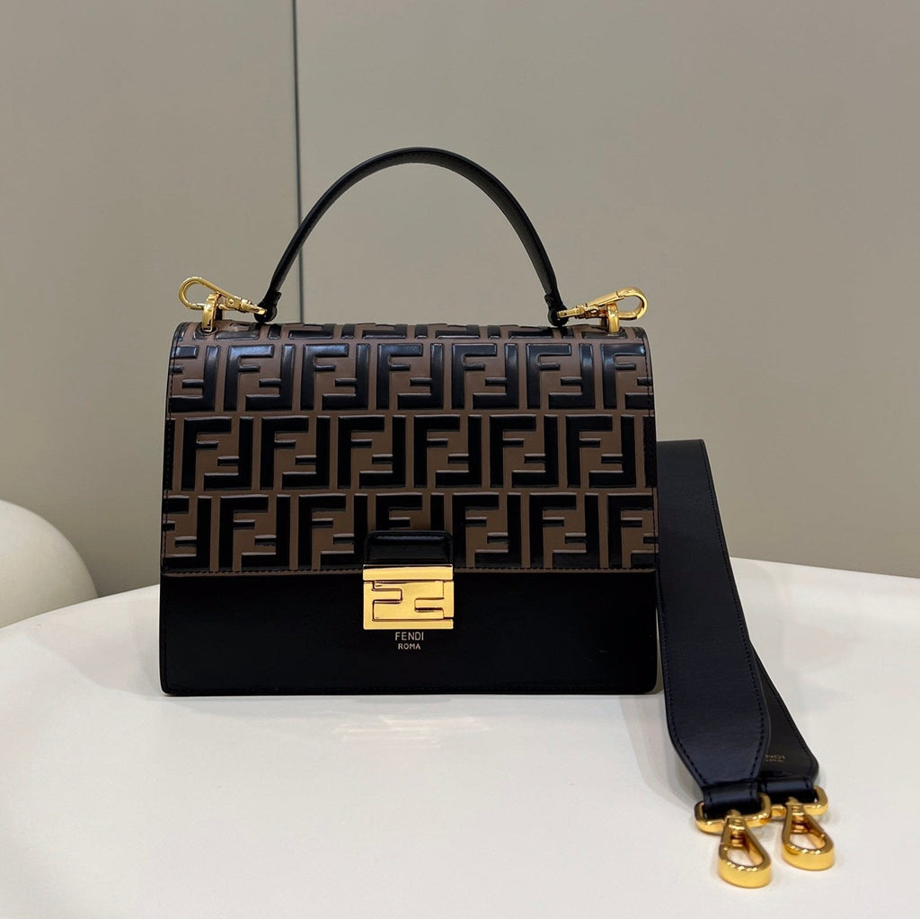 FENDI FENDI KANI 26 BAG IN BLACK MIX CHOCOLATE BROWN FFF CALFSKIN WITH GOLD HARDWARE
