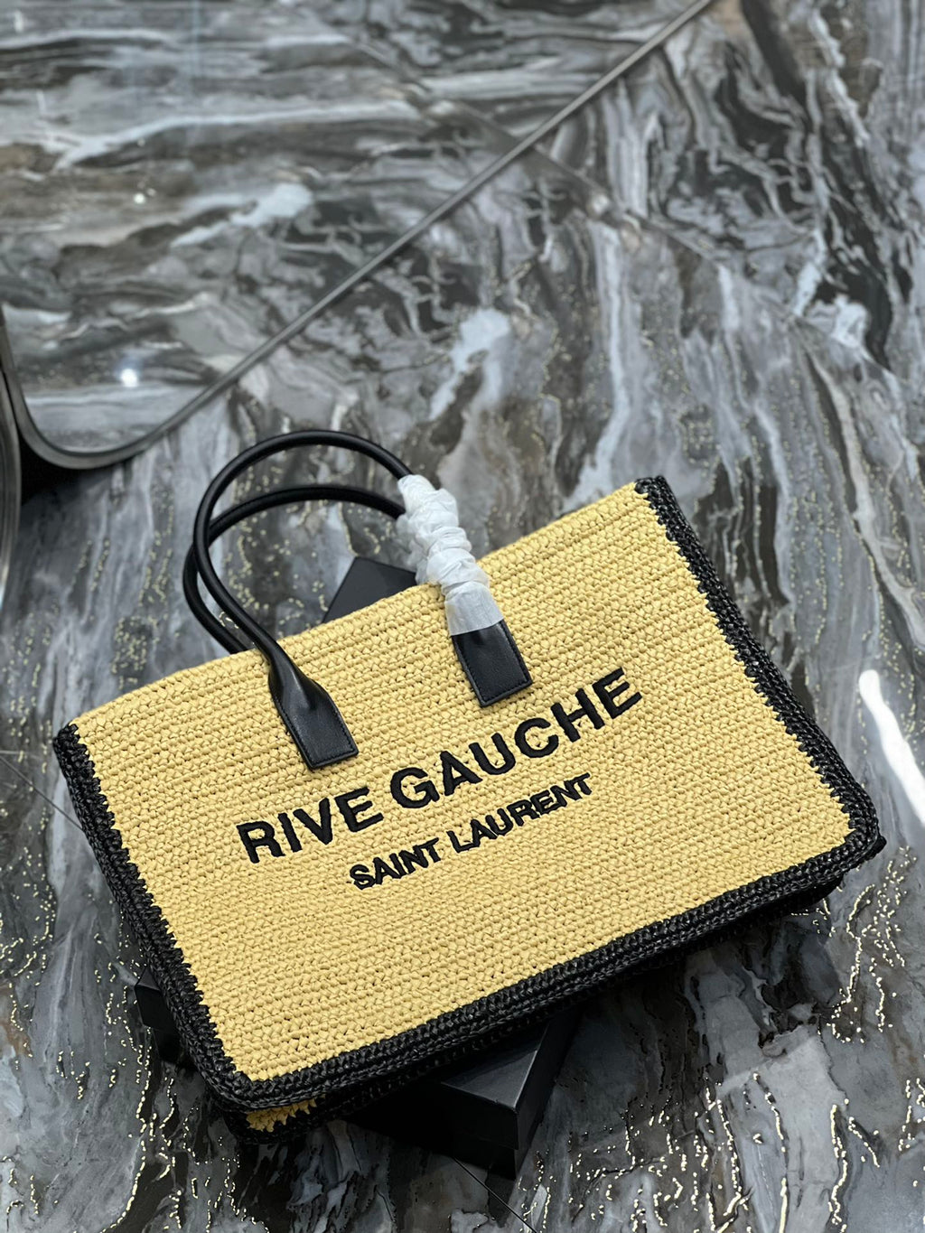 Saint Laurent RIVE GAUCHE TOTE BAG 48 IN LIGHT YELLOW AND BLACK TRIM RAFFIA