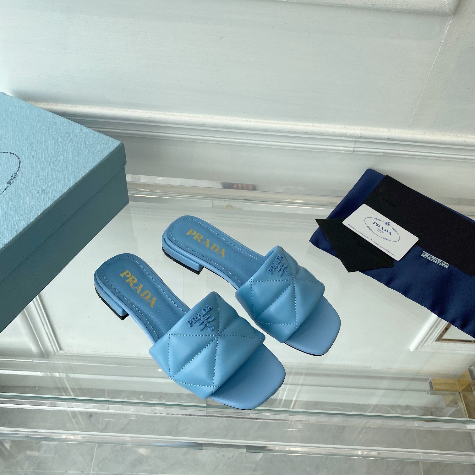 PRADA Slide 25 Quilted Sky Blue leather
