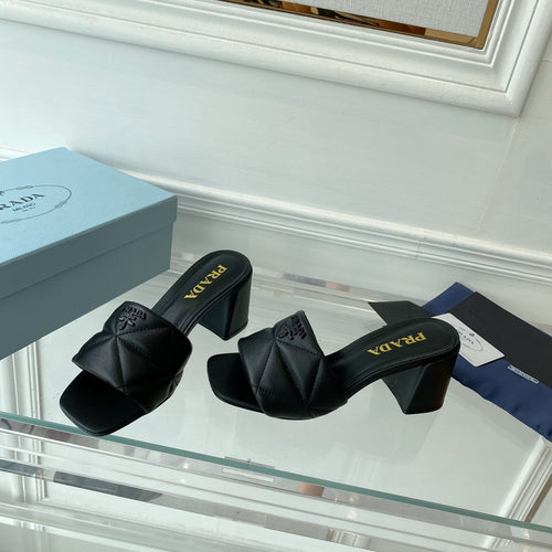 PRADA QUILTED NAPPA HEELED SANDALS BLACK LAMBSKIN