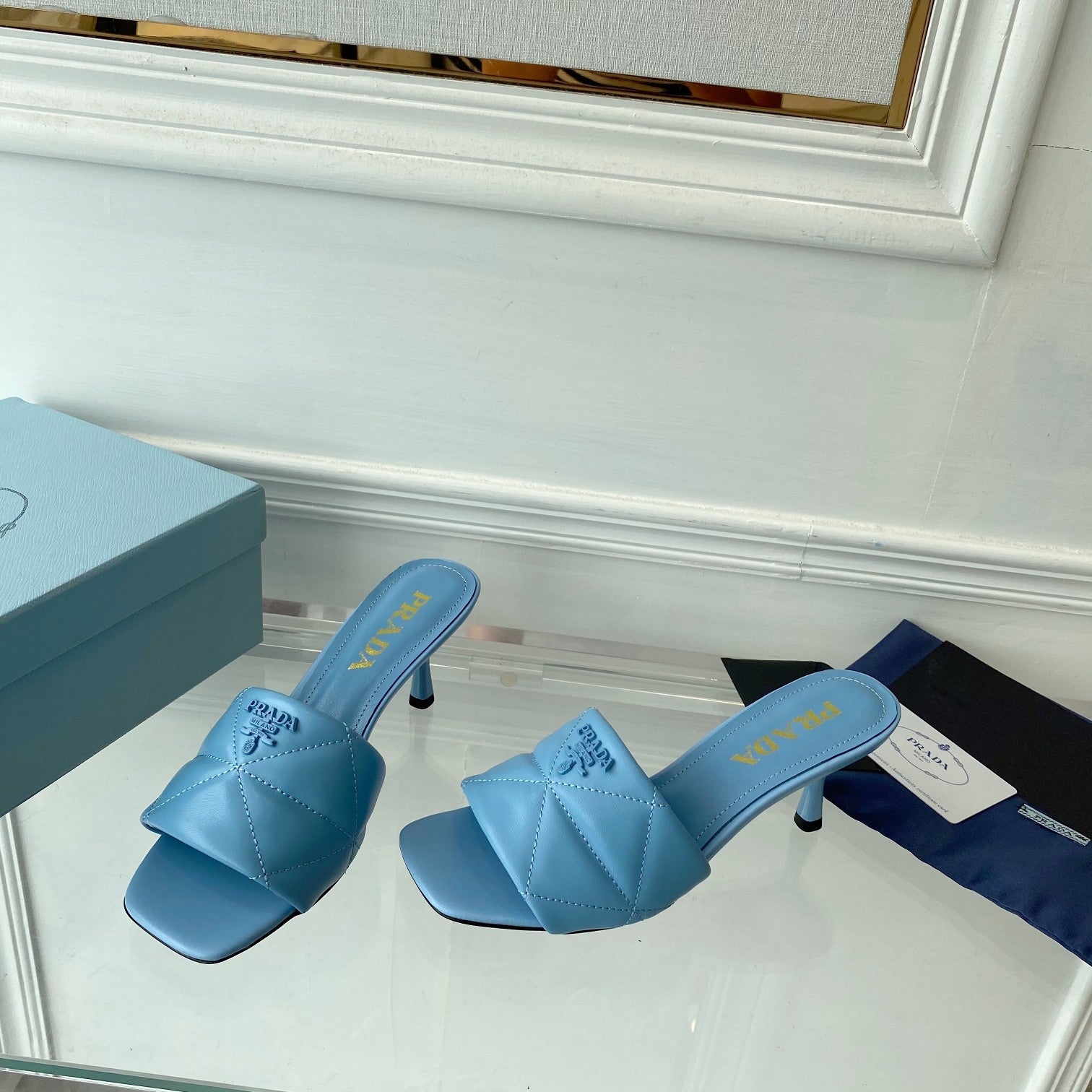 PRADA QUILTED HIGH HEELS SANDALS 65 SKY LAMBSKIN