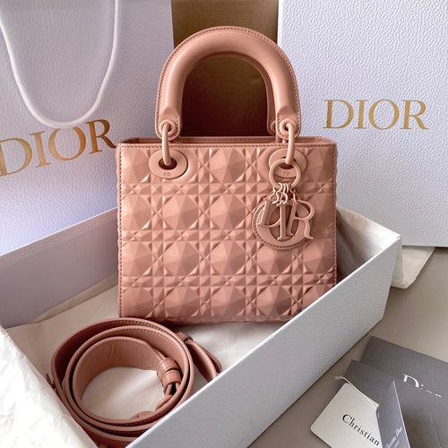 DIOR SMALL LADY 20 BLUSH ULTRAMATTE LAMBSKIN DIAMOND MOTIF
