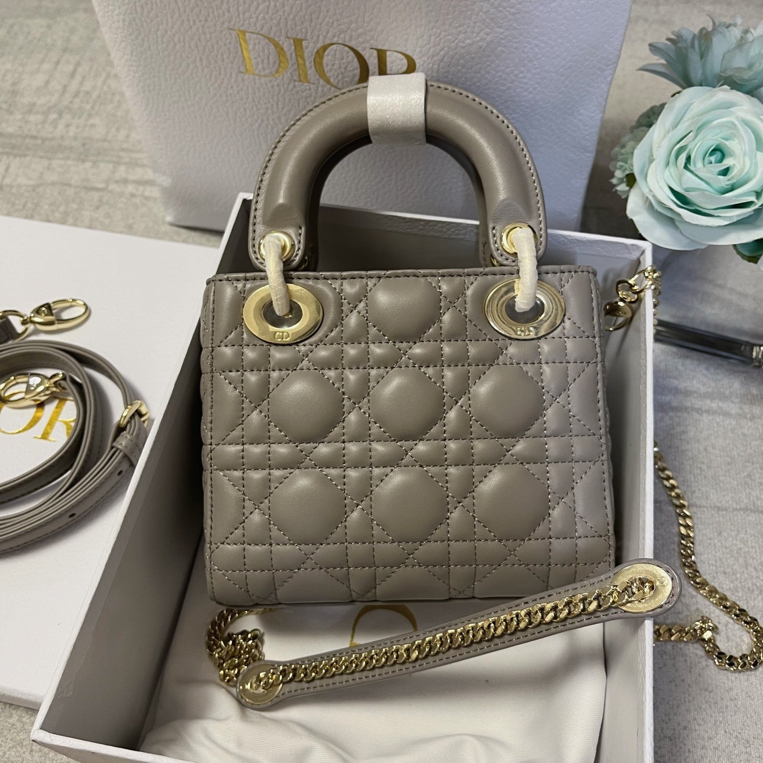 DIOR mini lady 17 brown grey lambskin