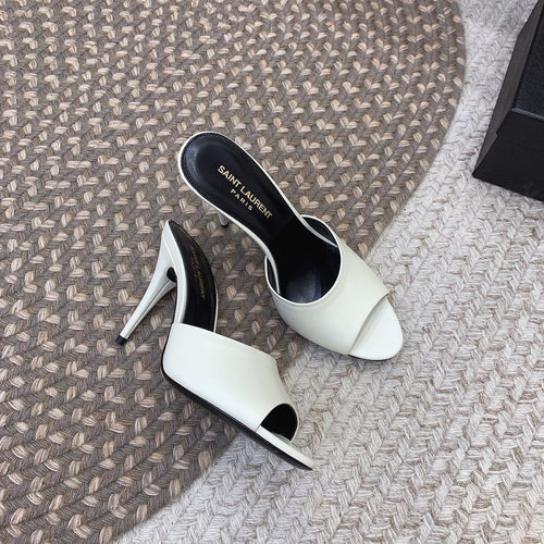 Saint Laurent LA 16 HEELED MULES IN WHITE SMOOTH LAMBSKIN