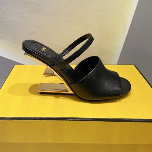 FENDI FENDI FIRST 95 MM HIGH-HEELED SANDAL IN BLACK LAMBSKIN GOLD HARDWARE