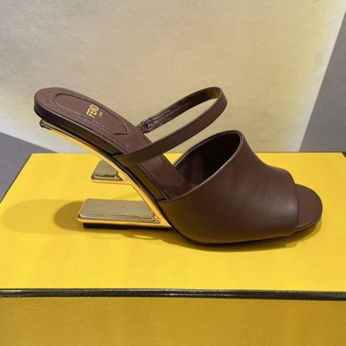 FENDI FENDI FIRST 95 MM HIGH-HEELED SANDAL IN CHOCOLATE BROWN LAMBSKIN GOLD HARDWARE