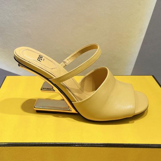 FENDI FENDI FIRST 95 MM HIGH-HEELED SANDAL IN MUSTARD YELLOW LAMBSKIN GOLD HARDWARE