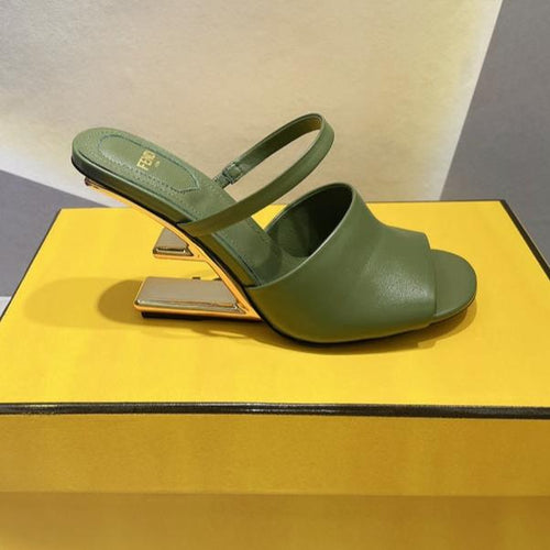 FENDI FENDI FIRST 95 MM HIGH-HEELED SANDAL IN OLIVE GREEN LAMBSKIN GOLD HARDWARE