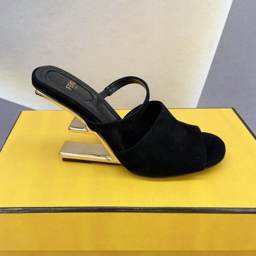 FENDI FENDI FIRST 95 MM HIGH-HEELED SANDAL IN BLACK SUEDE GOLD HARDWARE