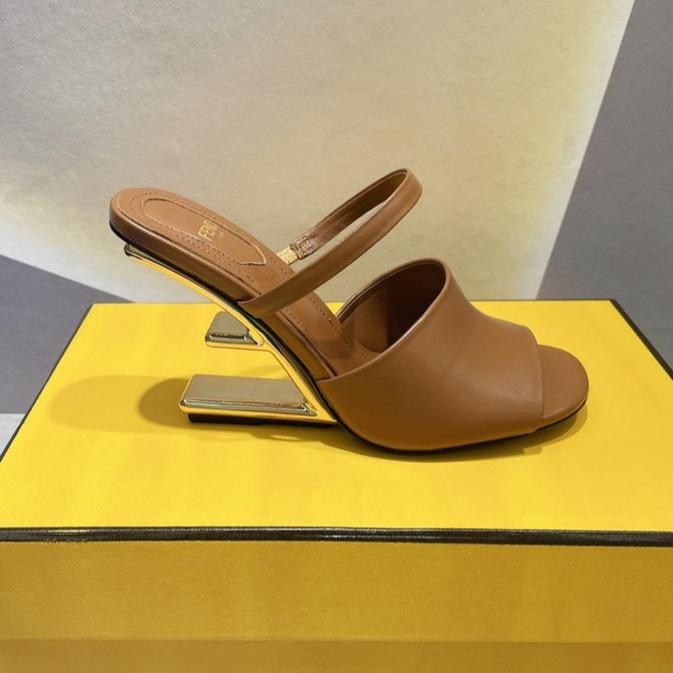 FENDI FENDI FIRST 95 MM HIGH-HEELED SANDAL IN SEPIA BROWN LAMBSKIN GOLD HARDWARE