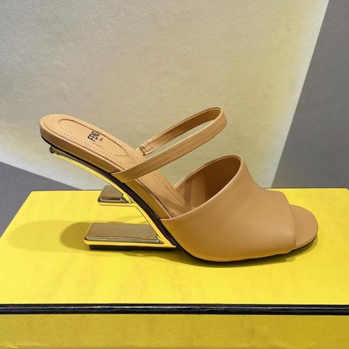 FENDI FENDI FIRST 95 MM HIGH-HEELED SANDAL IN CAMEL BROWN LAMBSKIN GOLD HARDWARE
