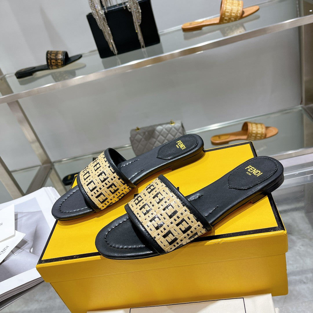 FENDI FF Women Raffia Sandal Black Beige