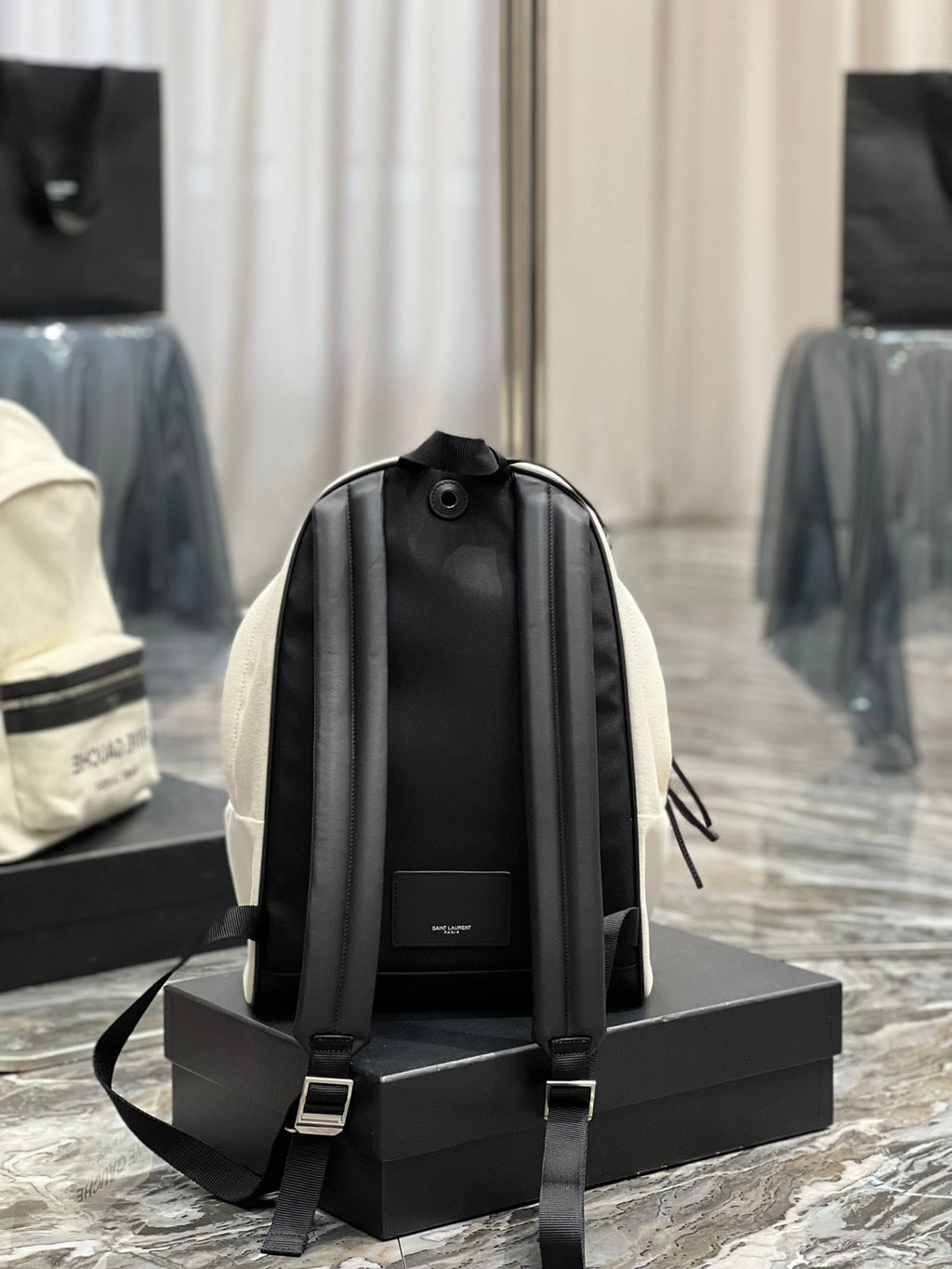 Saint Laurent RIVE GAUCHE BACKPACK 35 IN WHITE CANVAS MIX BLACK CALFSKIN