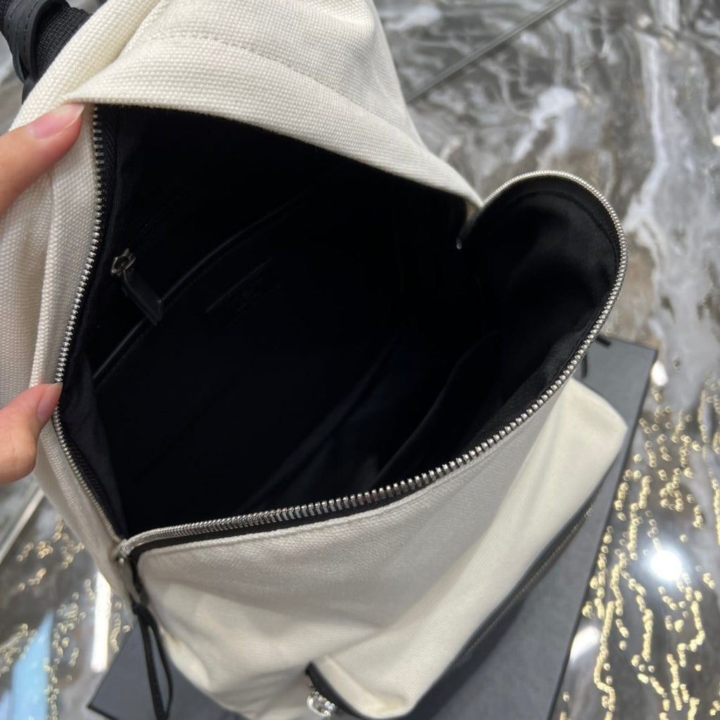 Saint Laurent RIVE GAUCHE BACKPACK 35 IN WHITE CANVAS MIX BLACK CALFSKIN