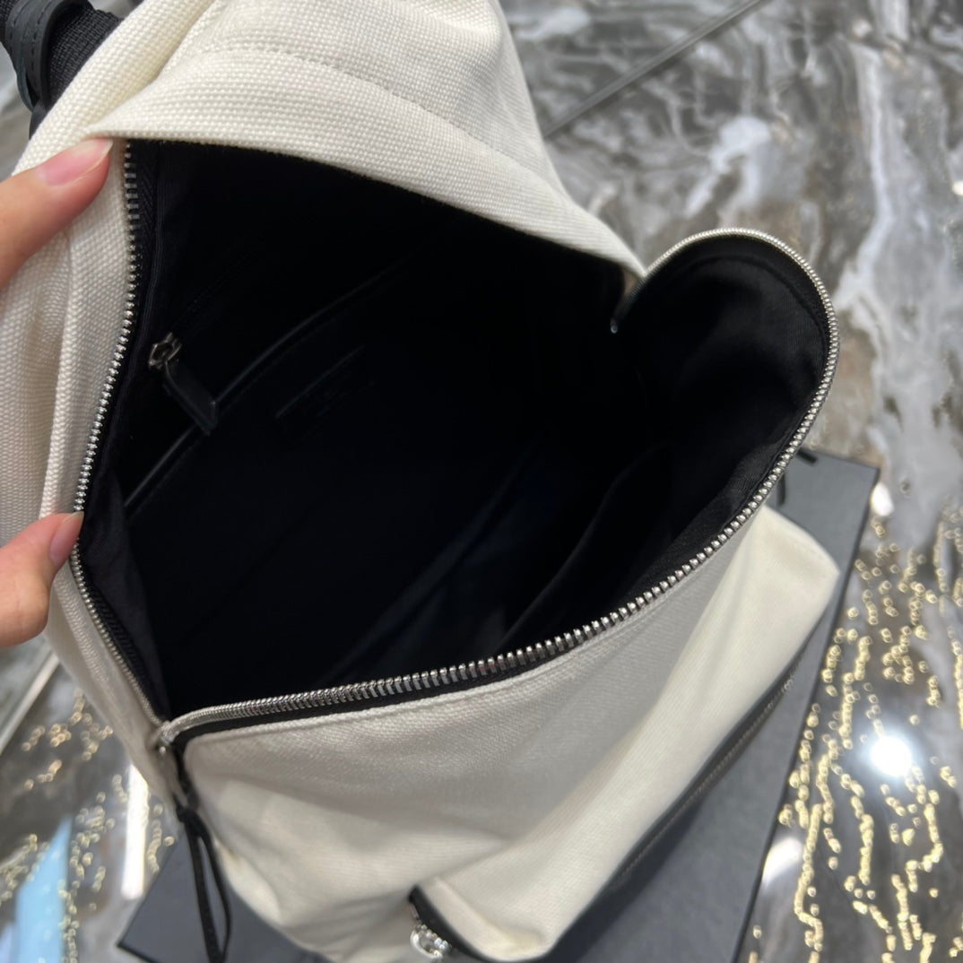 Saint Laurent RIVE GAUCHE BACKPACK 35 IN WHITE CANVAS MIX BLACK CALFSKIN