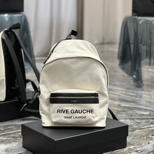 Saint Laurent RIVE GAUCHE BACKPACK 35 IN WHITE CANVAS MIX BLACK CALFSKIN