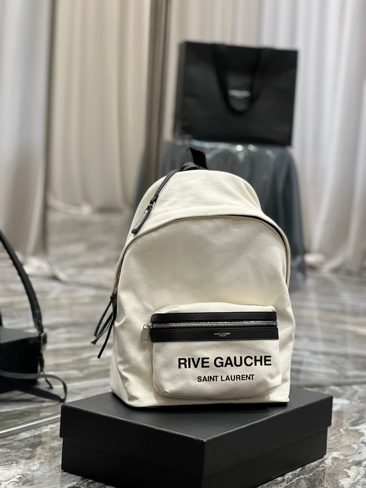 Saint Laurent RIVE GAUCHE BACKPACK 35 IN WHITE CANVAS MIX BLACK CALFSKIN